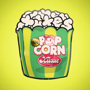 Etiqueta Xuxes Pop Corn Green Sour CBD 10G con fondo amarillo lima, diseño tipo palomitas, logotipo rosa y verde, flores small buds de CBD