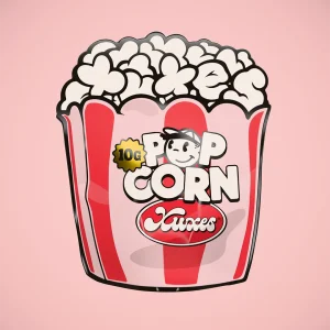Etiqueta Xuxes Pop Corn Pink Kush CBD 10G con fondo rosa y blanco, diseño tipo cubo de palomitas y logotipo Xuxes